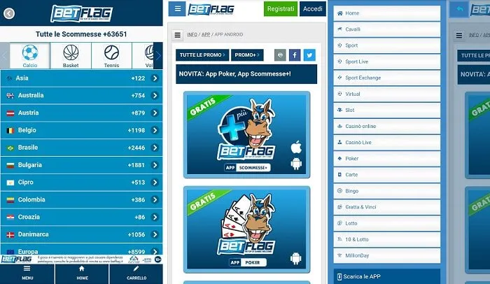 Schermata dell'interfaccia dell'app BetFlag che mostra diverse opzioni di scommesse sportive, tra cui calcio, basket, tennis e pallavolo. La sezione a sinistra elenca i paesi per le scommesse, mentre al centro ci sono banner che promuovono le app di Poker e Scommesse di BetFlag per Android e iOS.